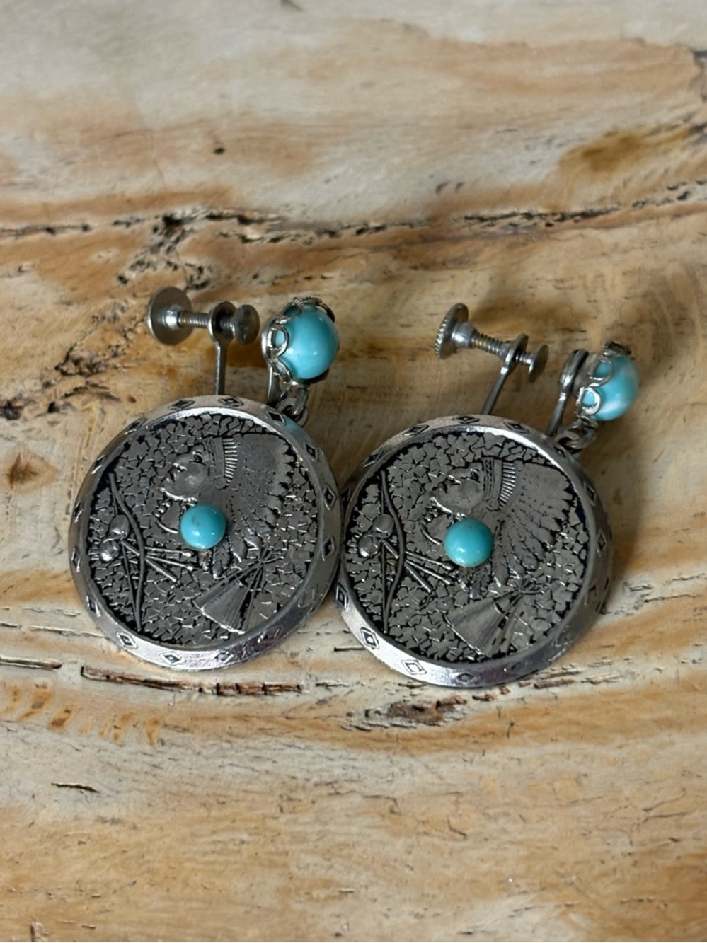 Sterling Silver Larimar Indian Head Native American Earrings - Picture 3 of 6